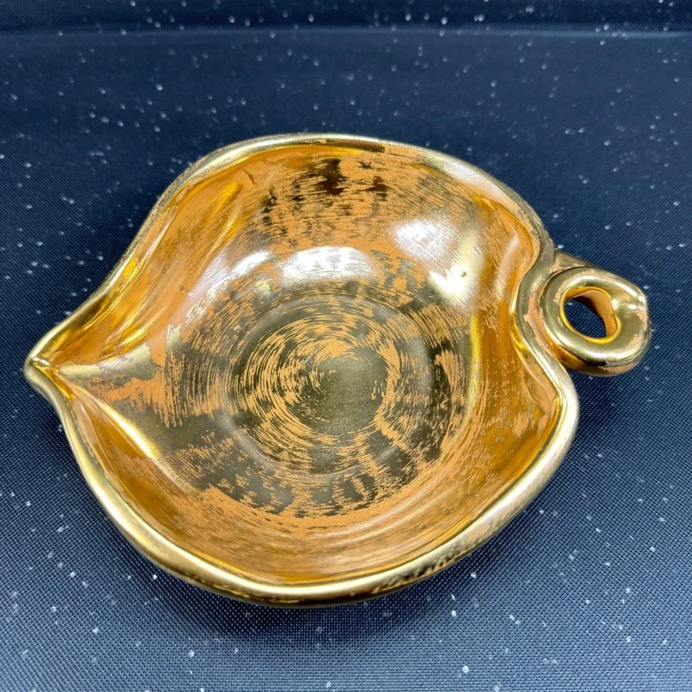 Stangl Pottery Granada Gold Hand Painted Ceramic Leaf Bowl Ring Handle 3787 7in